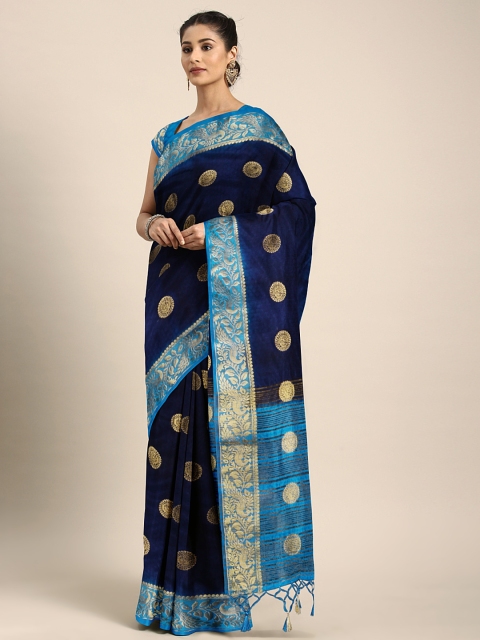 

Rajnandini Navy Blue Silk Blend Woven Design Kanjeevaram Saree