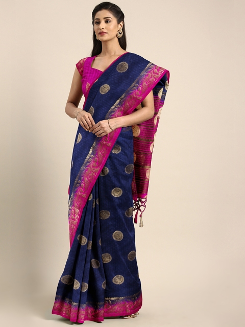 

Rajnandini Navy Blue & Pink Silk Blend Woven Design Kanjeevaram Saree