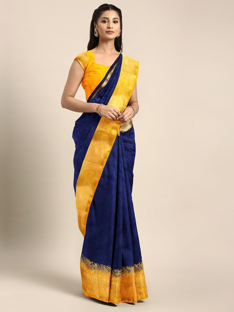 

Rajnandini Navy Blue & Yellow Silk Blend Woven Design Kanjeevaram Saree