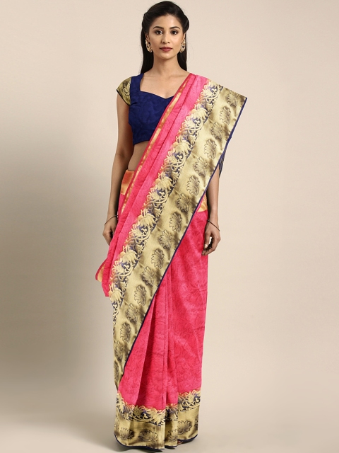 

Rajnandini Pink & Navy Blue Silk Blend Woven Design Kanjeevaram Saree
