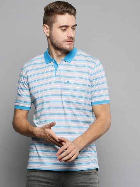 

Louis Philippe Men Grey & Blue Striped Polo Collar T-shirt