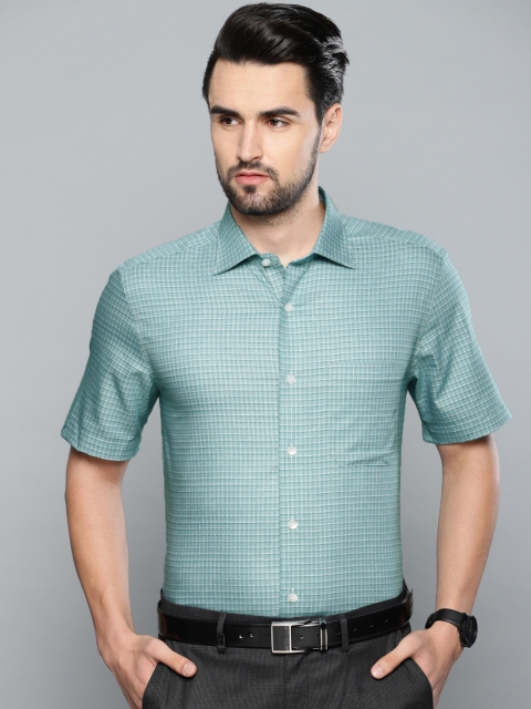 

Louis Philippe Men Teal Green & White Classic Fit Checked Permapress finest wrinkle free Formal Shirt