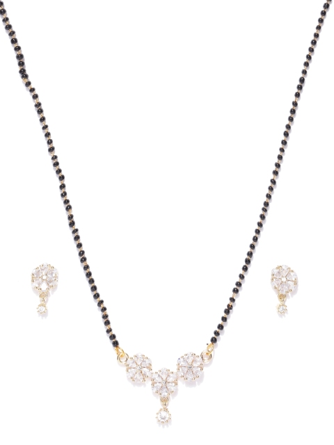 

FIROZA Black Gold-Plated AD-Studded & Beaded Mangalsutra & Earrings Set