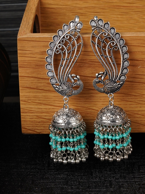 

FIROZA Oxidised Silver-Toned & Turquoise Blue German Silver Beaded Peacock-Shaped Jhumkas