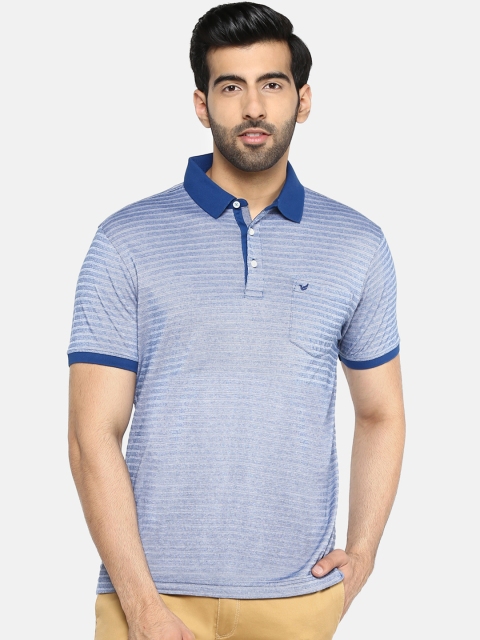 

Blackberrys Men Blue Self-Striped Polo Collar T-shirt