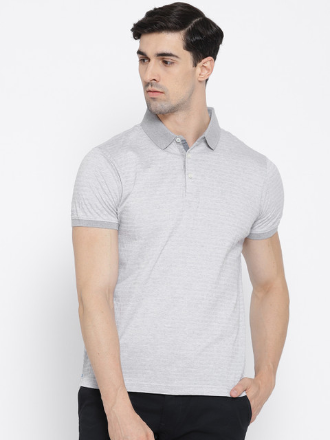 

Blackberrys Men Grey Melange Self-Striped Polo Collar T-shirt