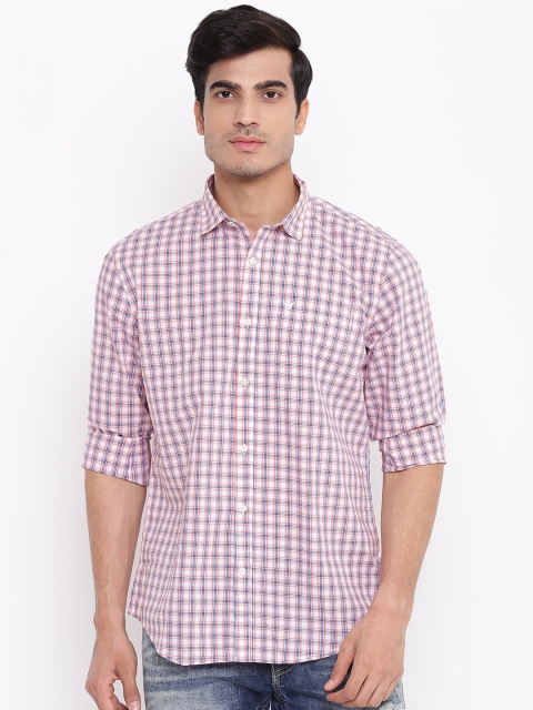 

Blackberrys Men Peach-Coloured & Blue Slim Fit Checked Casual Shirt