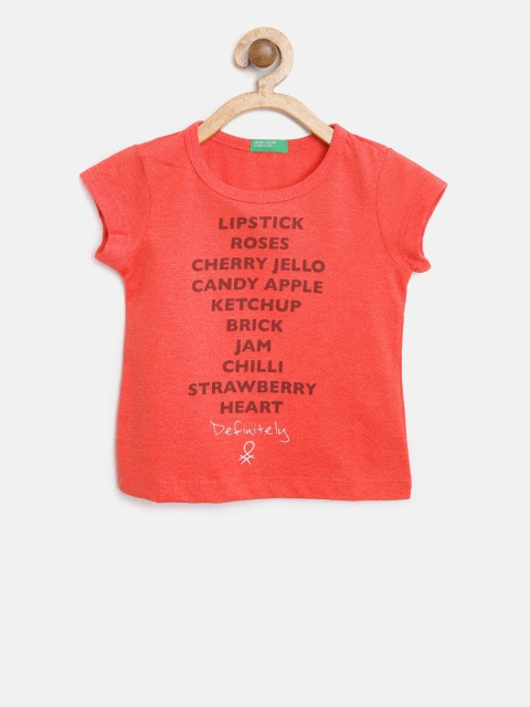 

United Colors of Benetton Girls Coral Red Printed Round Neck T-shirt