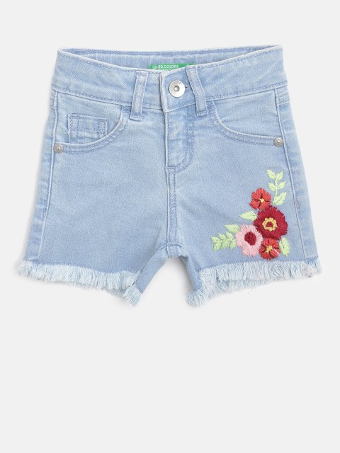 

United Colors of Benetton Girls Blue Solid Denim Shorts with Embroidered Detail