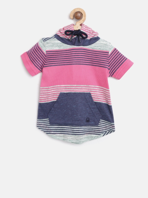 

United Colors of Benetton Boys Pink & Navy Blue Striped Hooded T-shirt