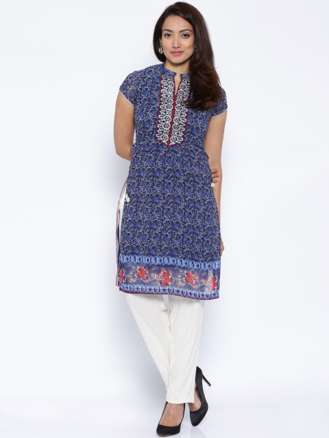 

Biba Navy Floral Print Polyester Kurta, Navy blue