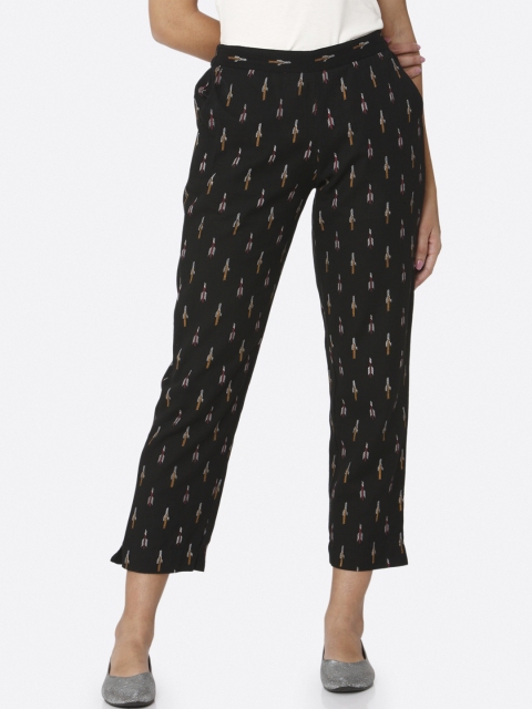 

RAISIN Women Black Regular Fit Printed Regular Trousers