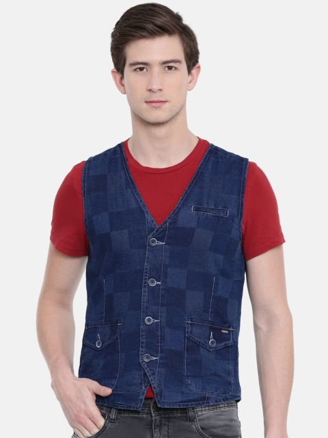 

Lee Cooper Men Blue Checked Denim Pure Cotton Waistcoat