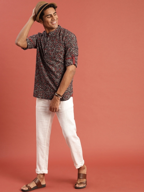 

Taavi Men Black & Brown Hand Block Print Legacy Straight Sustainable Kurta with Roll-Up Sleeves