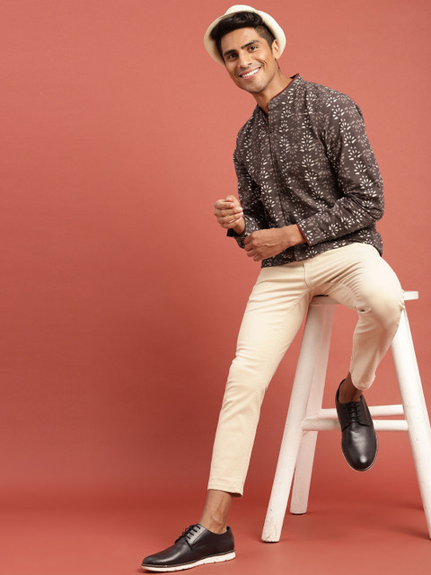

Taavi Men Brown & Off-White Hand Block Print Legacy Casual Sustainable Shirt with Roll-Up Sleeves