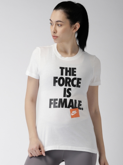 

Nike Women White & Black Printed Standard Fit AS W NSW FORCE FS Round Neck Sports T-shirt