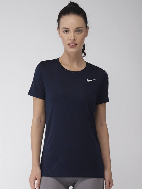 

Nike Women Navy Blue Solid Round Neck Dri Fit Sports T-shirt
