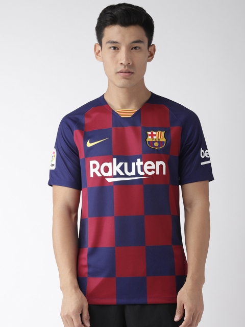 

Nike Men Blue & Red Checked FCB BRT STAD HM V-Neck DRI-FIT Football Barcelona T-shirt