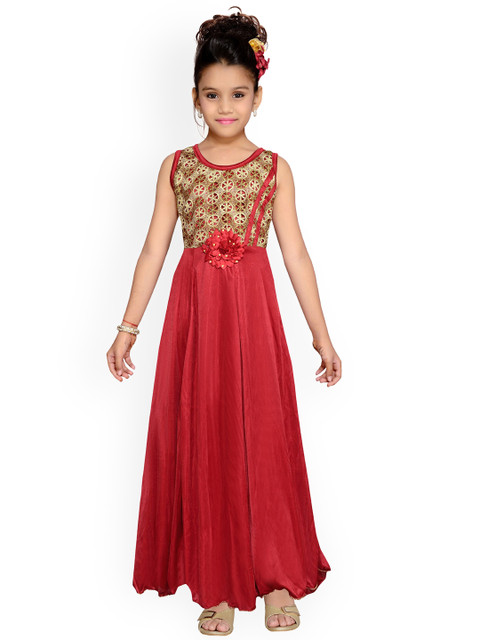 

Kidling Girls Maroon Self Design Maxi Dress