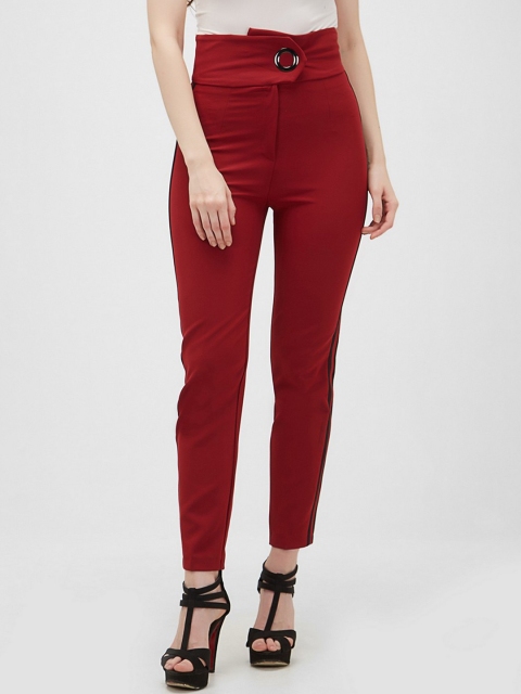 

bebe Women Burgundy Regular Fit Solid Cigarette Trousers