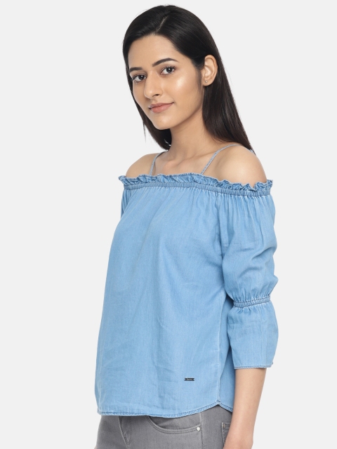 

Kraus Jeans Women Blue Solid Off-Shoulder Chambray Top