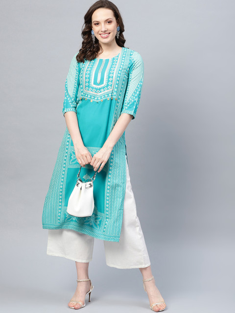 

W Women Blue & White Printed Kurta