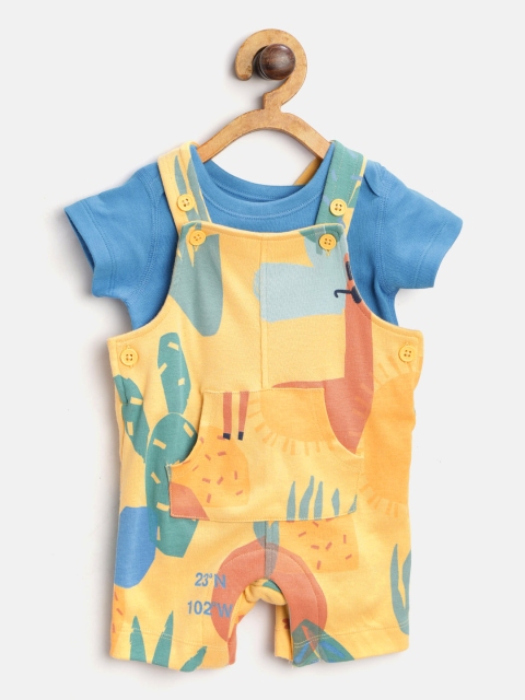 

Marks & Spencer Kids Blue & Mustard Yellow Solid Bodysuit with Printed Dungarees