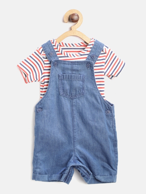 

Marks & Spencer Kids Navy Blue & White Striped Bodysuit with Chambray Dungarees