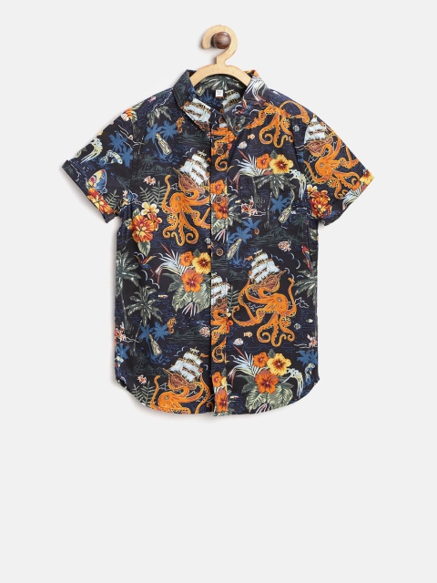 

Marks & Spencer Boys Navy Blue & Mustard Yellow Regular Fit Printed Casual Shirt