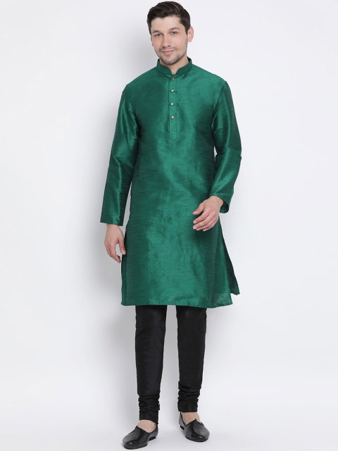 

VASTRAMAY Men Green & Black Solid Kurta with Churidar