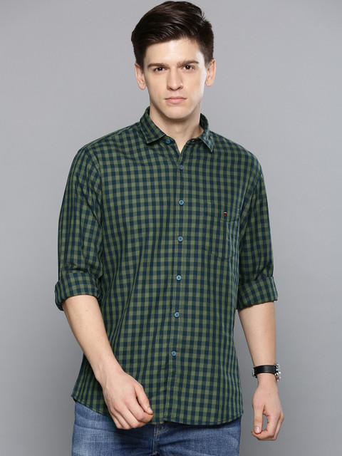 

Louis Philippe Sport Men Olive Green & Navy Blue Slim Fit Checked Casual Shirt