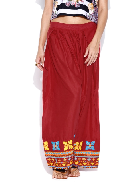 

Folklore Red Embroidered Pleated Palazzo Trousers