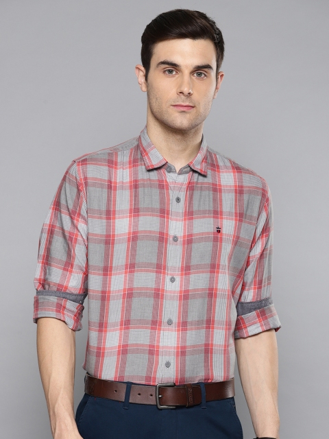 

Louis Philippe Sport Men Grey & Coral Pink Slim Fit Checked Casual Shirt