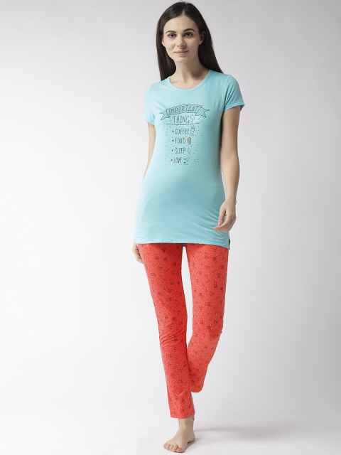

MADAME M SECRET Women Blue & Orange Printed Night suit