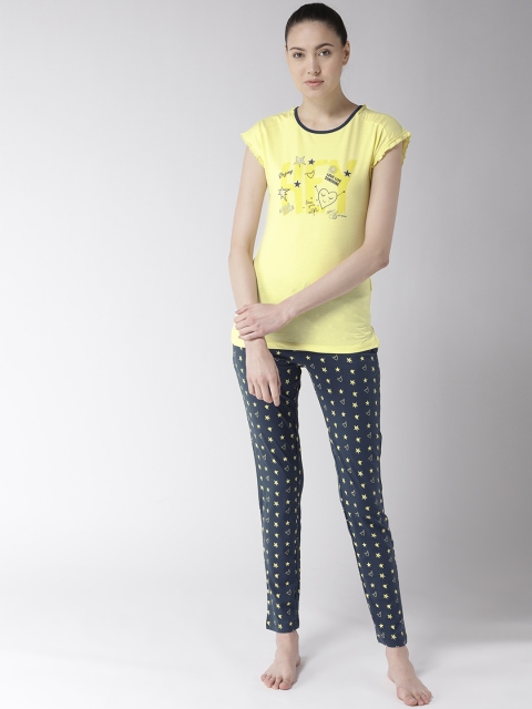 

MADAME M SECRET Women Yellow & Navy Blue Printed Night Suit S9S30061 044