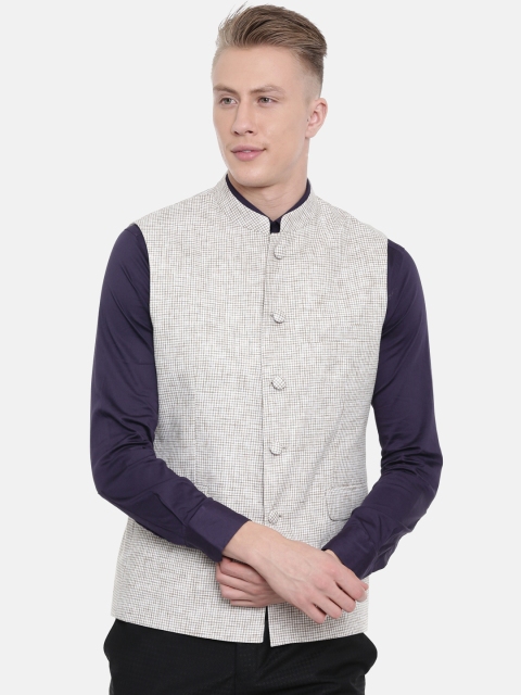 

Van Heusen Men Off-White & Brown Checked Nehru Jacket