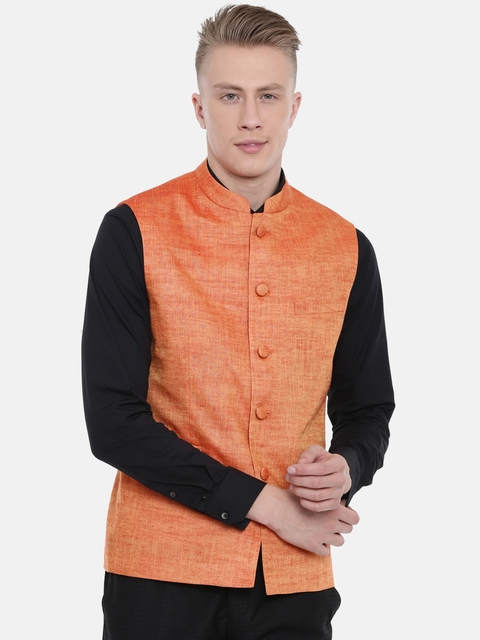 Van Heusen Men Orange Single-Breasted Slim Fit Solid Nehru Jacket