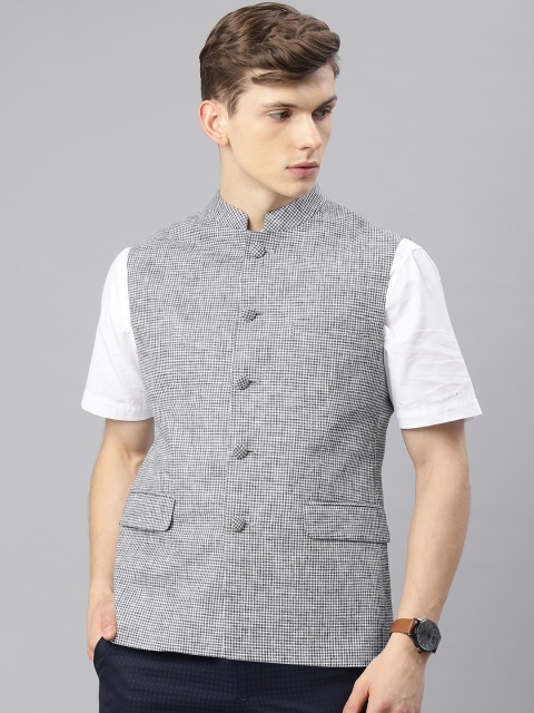 

Van Heusen Men Black & White Checked Nehru Jacket