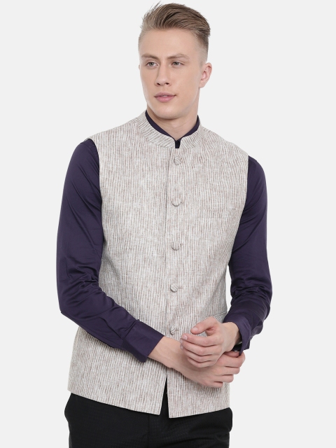 

Van Heusen Men Off-White & Brown Slim Fit Striped Nehru Jacket