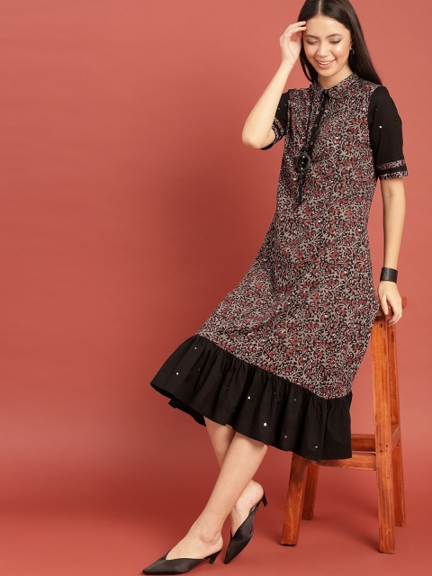 

Taavi Women Grey & Black Hand Block Print Legacy A-Line Sustainable Dress with Contrast Flounce Hem