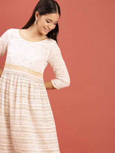 

Taavi Women White & Mustard Yellow Hand Block Print Legacy A-Line Sustainable Dress
