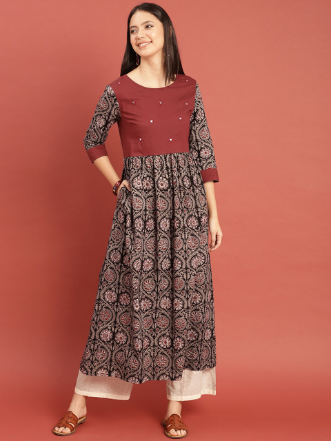 

Taavi Women Maroon & Grey Block Print Legacy Maxi Sustainable Dress with Mirror Work & Styled Back