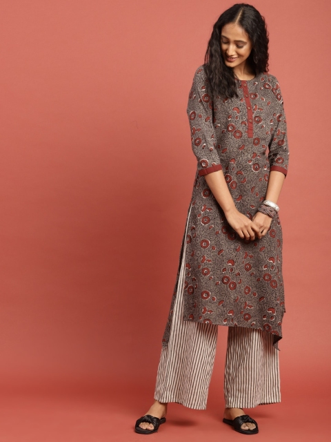 

Taavi Women Grey & Maroon Hand Block Print A-Line Asymmetric Sustainable Kurta