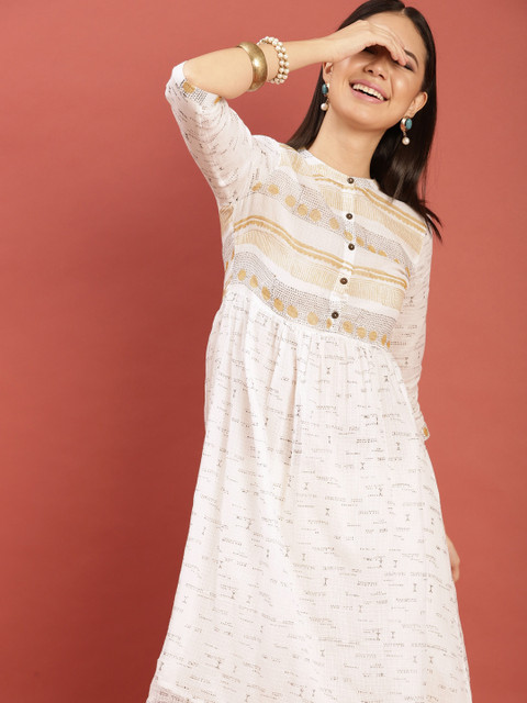 

Taavi Women White Hand Block Print Legacy A-Line Sustainable Kurta with Gathers & Button Placket