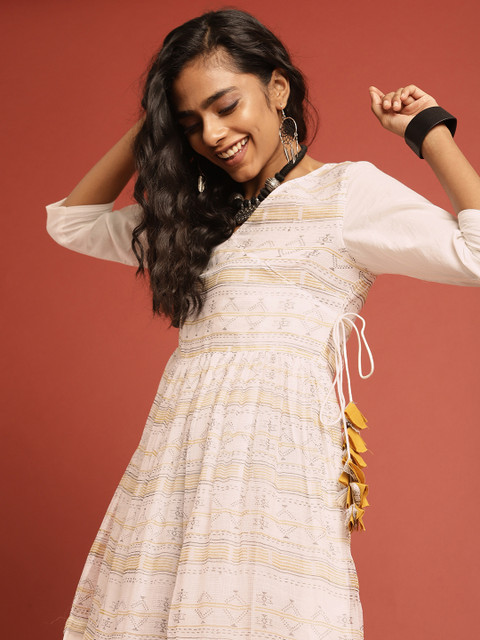 

Taavi Women White Hand Block Print Legacy Angrakha Sustainable Dress with Tassels & Contrast Sleeves