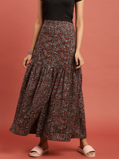 

Taavi Women Black & Grey Hand Block Print Legacy Maxi Flared Skirt with Gathers