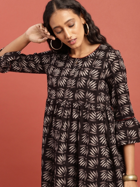 

Taavi Women Black Hand Block Print Legacy A-Line Longline Top with Gathers