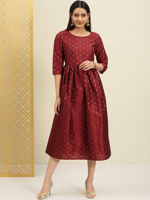

House of Pataudi Women Maroon Embroidered Fit and Flare Dress