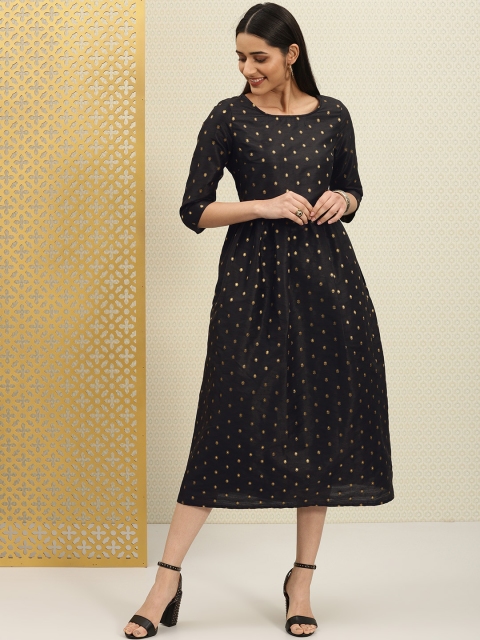 

House of Pataudi Women Black Embroidered Fit and Flare Dress