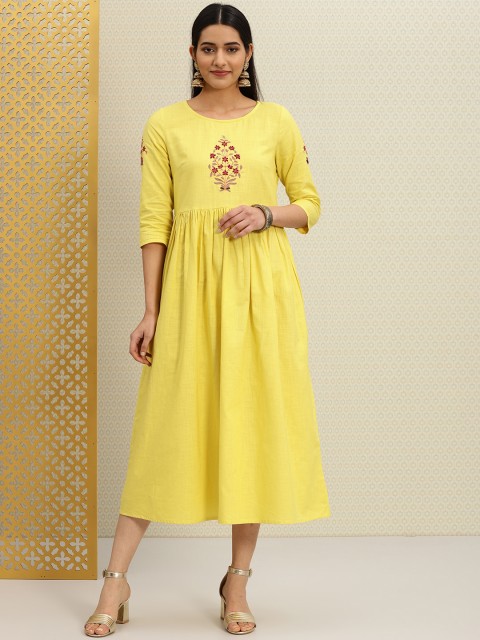 

House of Pataudi Women Yellow A-Line Embroidered Rozana Midi Dress